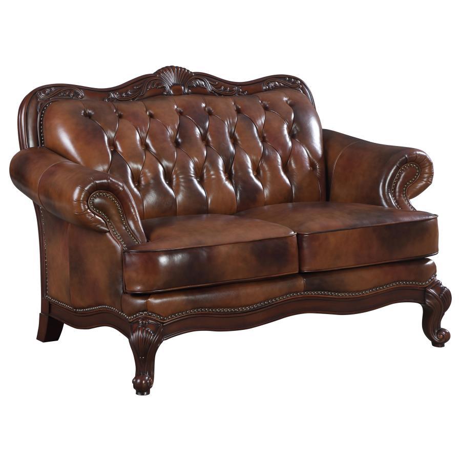 Victoria - Full Leather Upholstered Rolled Arm Loveseat - Brown