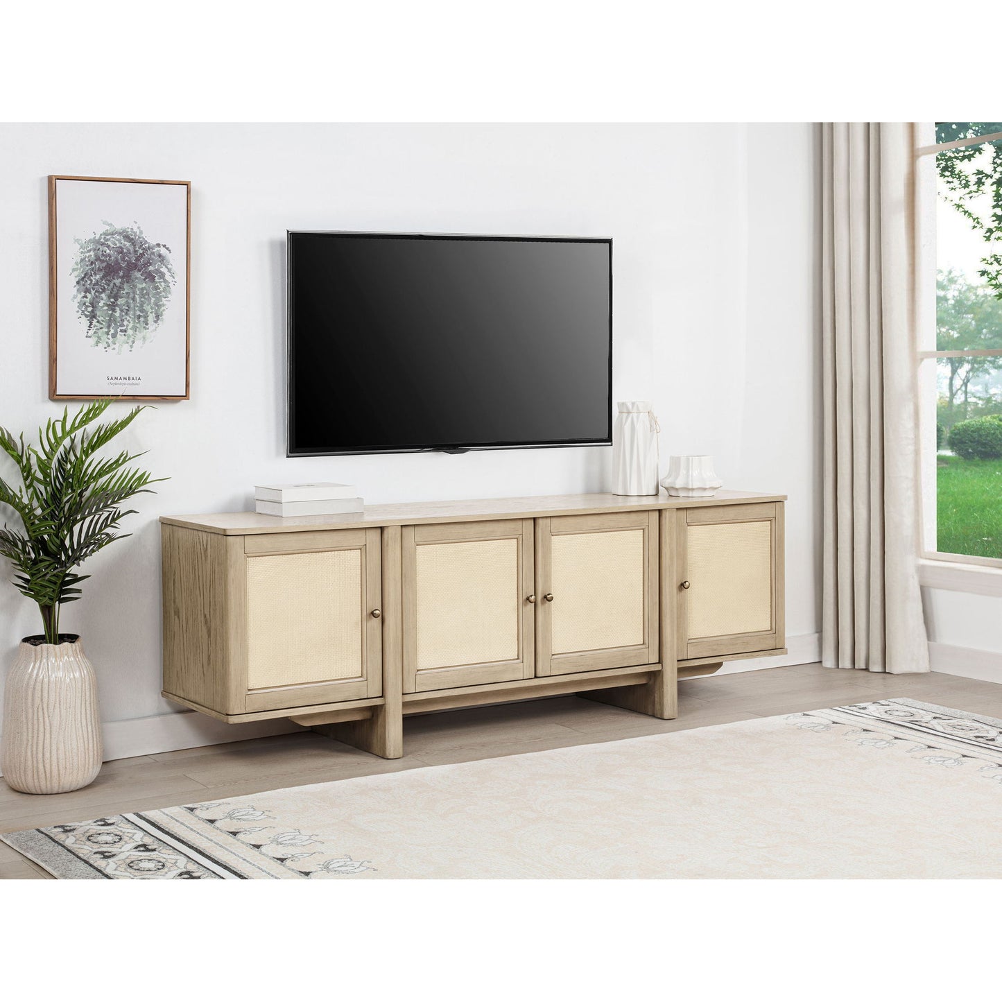 Kimpton - 4 Door Cane TV Stand Media Console - Beige