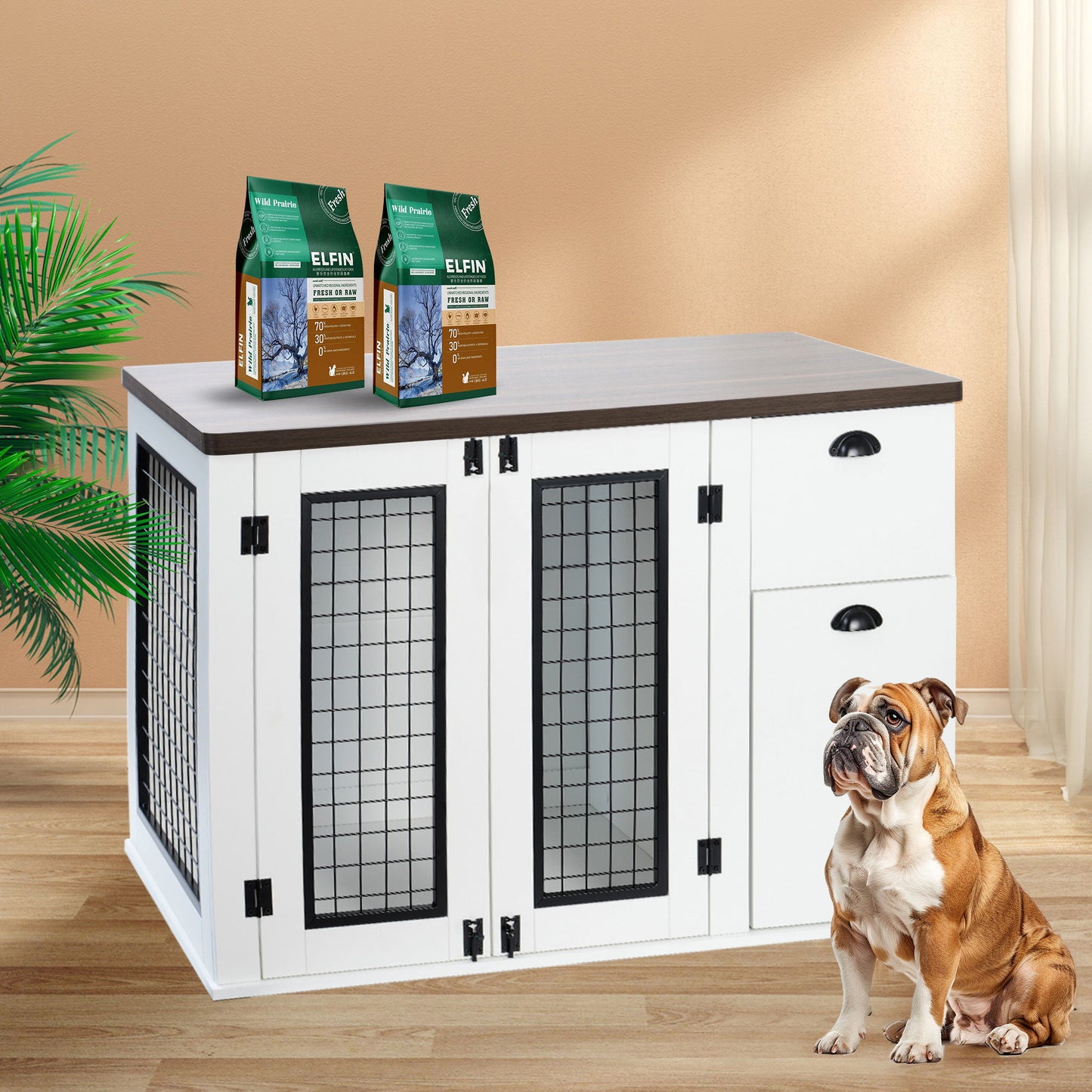 Furniture Style Dog Cage, Wooden Dog Cage, Double Door Dog Cage, Side Cabinet Dog Cage, Dog Crate - White / Deep Walnut