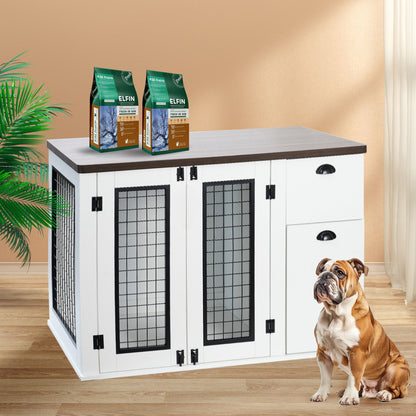 Furniture Style Dog Cage, Wooden Dog Cage, Double Door Dog Cage, Side Cabinet Dog Cage, Dog Crate - White / Deep Walnut