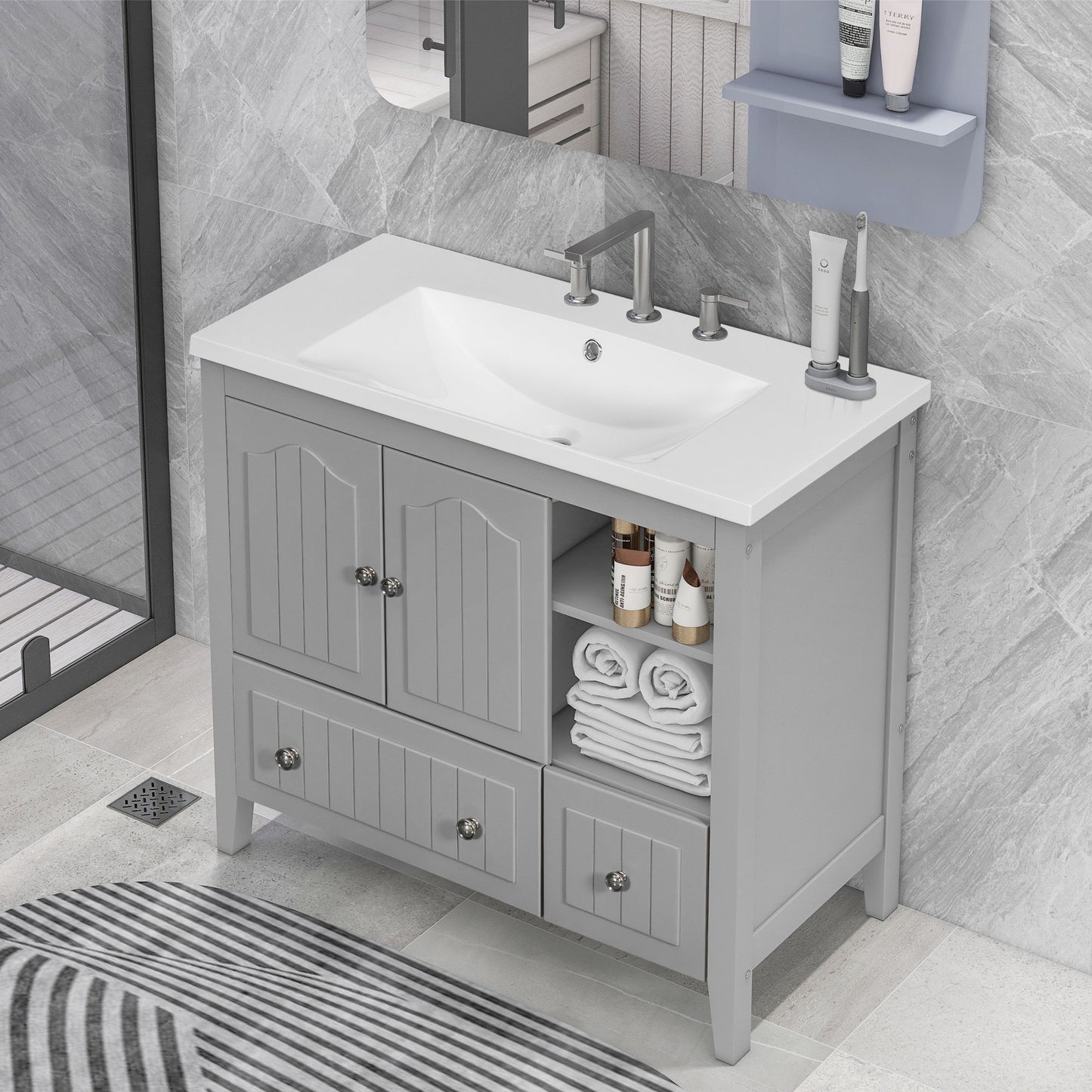 Bathroom Vanity With Ceramic Basin, Bathroom Storage Cabinet With Two Doors And Drawers, Solid Frame, Metal Handles