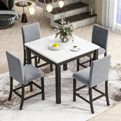 5-Piece Counter Height Dining Table Set With One Faux Marble Top Dining Table And Four Velvet Upholstered Chairs