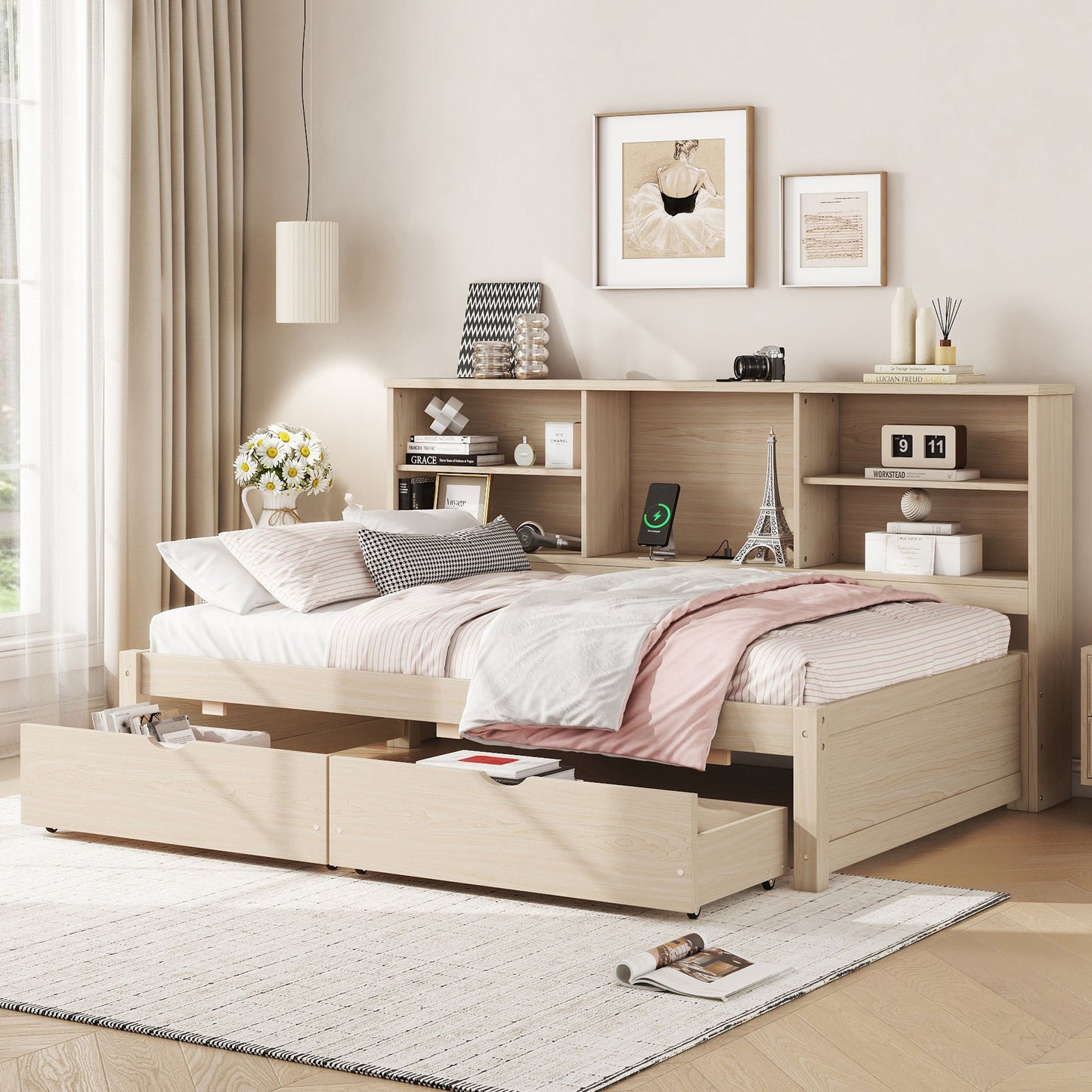 Bed Frame With Side Bookshelves, 2 Drawers, And Built In USB Port