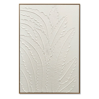 Framed Botanical Leaf Wall Art, Thick Textured Canvas Painting, Neutral Decor For Living Room - White