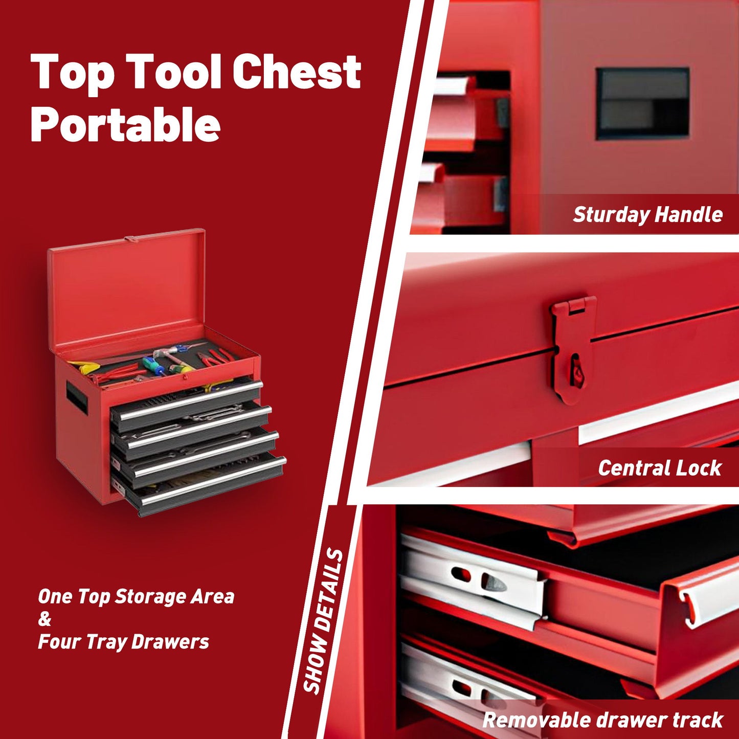 Tool Chest, 5 Drawer Rolling Tool Storage Cabinet With Detachable Top Tool Box, Liner, Universal Lockable Wheels, Adjustable Shelf, Locking Mechanism, Metal Tool Cart For Garage Workshop