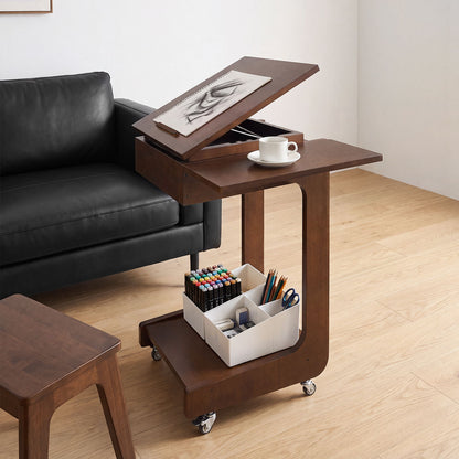 C - Shaped End Table, Rolling With 360° Adjustable & Foldable Desktop, Couch Table With Laptop Stand For Living Room - Walnut