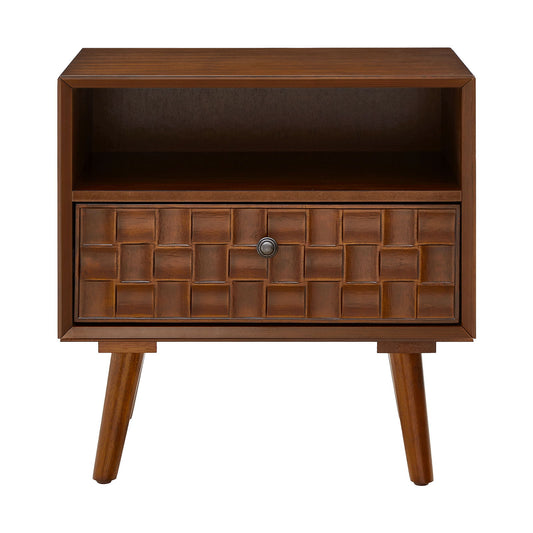 Nightstand With Carved Geometric Drawer Front, 1 Drawer And Open Shelf
