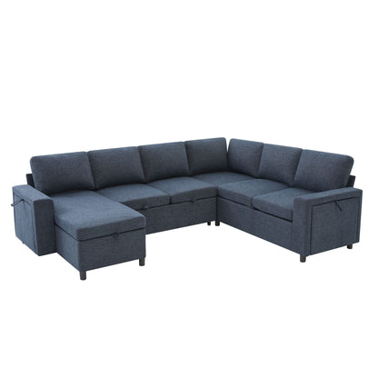 U - Shaped Convertible Sectional Sofa Bed With Storage, USB Charger & Cup Holders