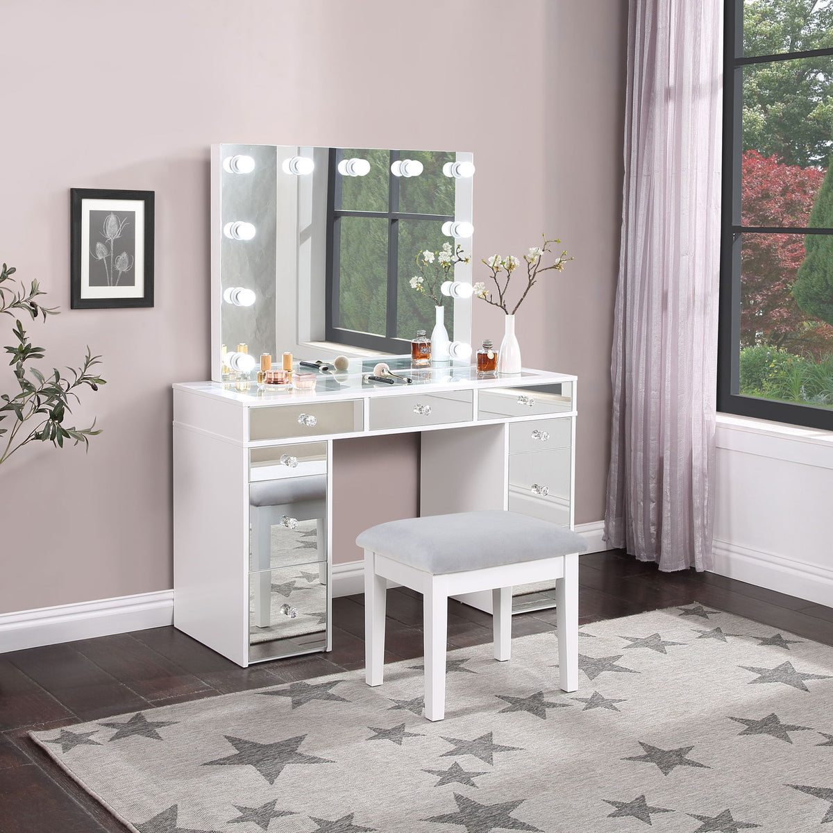 Winona - Makeup Vanity Set With Bulb Lit Mirror And Upholstered Stool - White