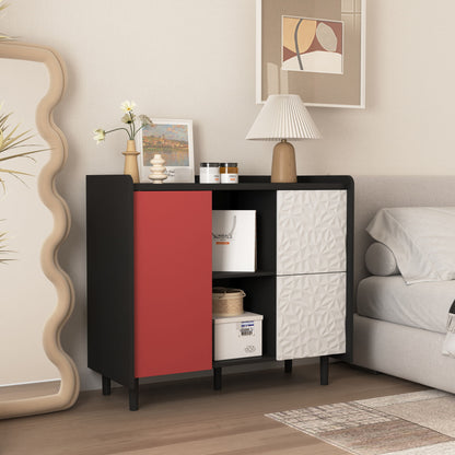 Modern Sideboard Buffet Cabinet With Red Doors And Unique Panel Styling