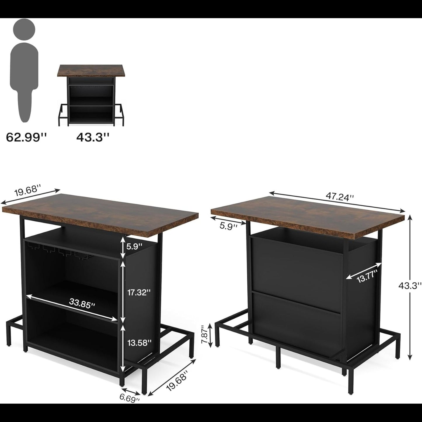 Home Bar Cabinet With 3 Tier Storage & 4 Wine Glass Racks - Brown / Black