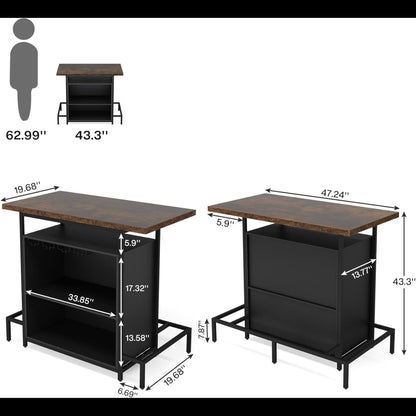 Home Bar Cabinet With 3 Tier Storage & 4 Wine Glass Racks - Brown / Black