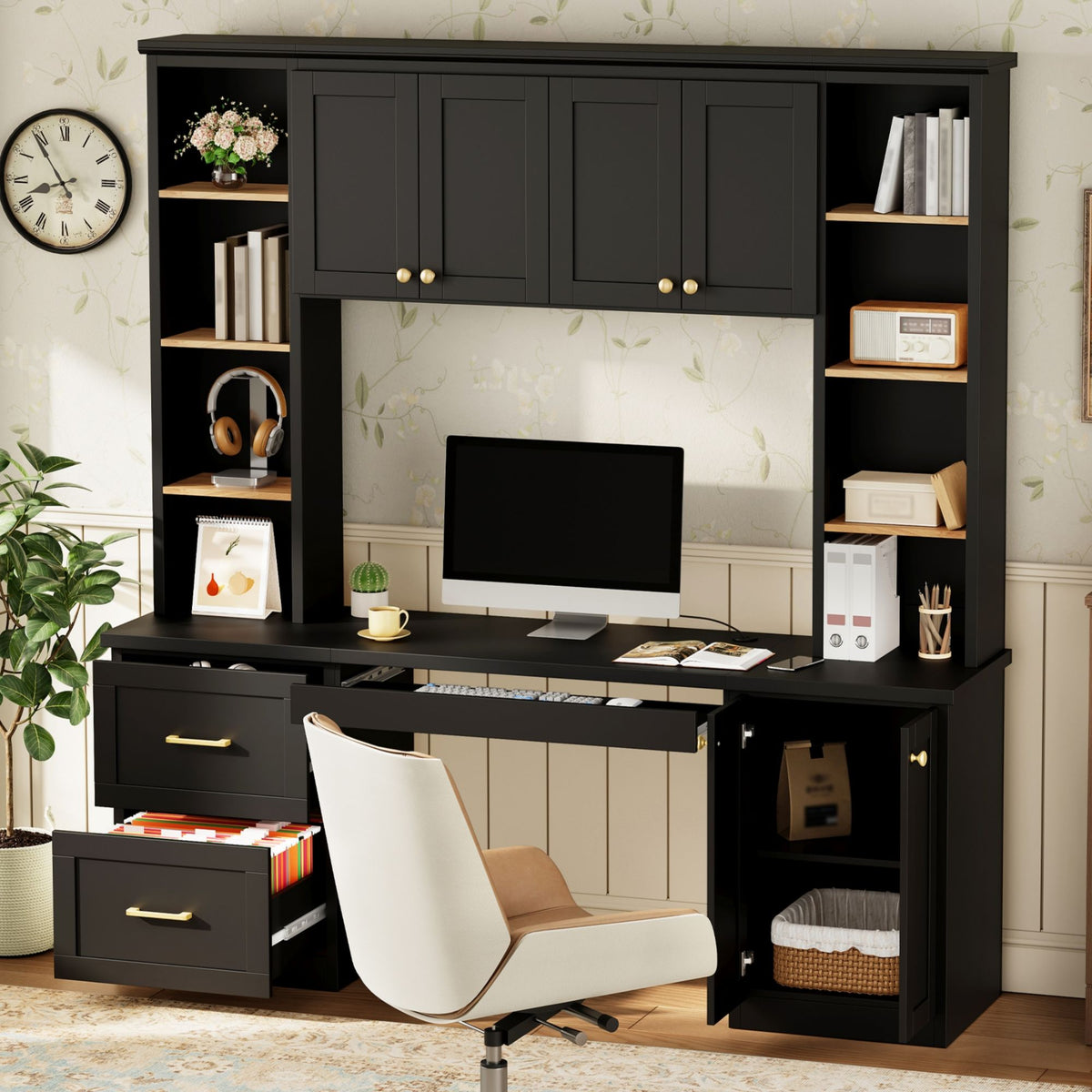 Computer Desk With Hutch, Workstation With Desk Grommet & Keyboard Tray