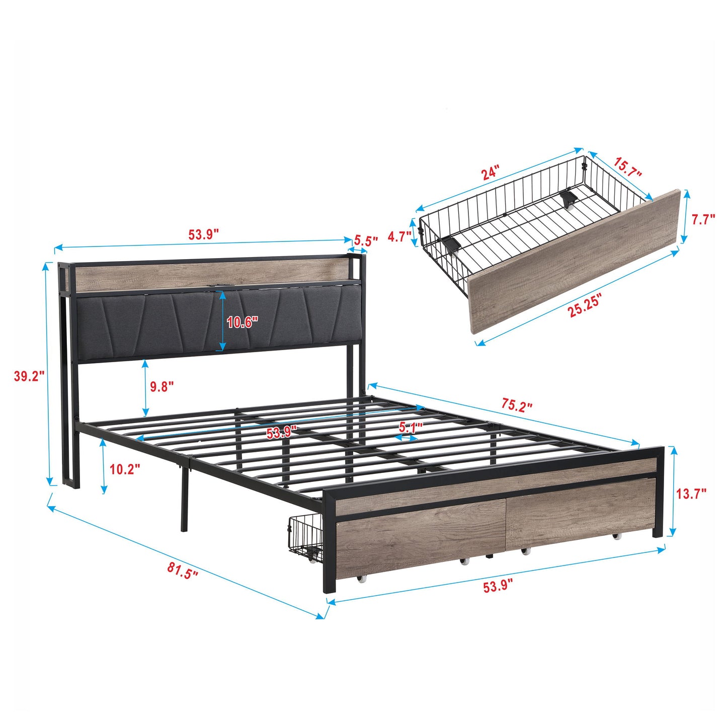 Modern Platform Bed Frame With Upholstered Storage Headboard, USB Ports