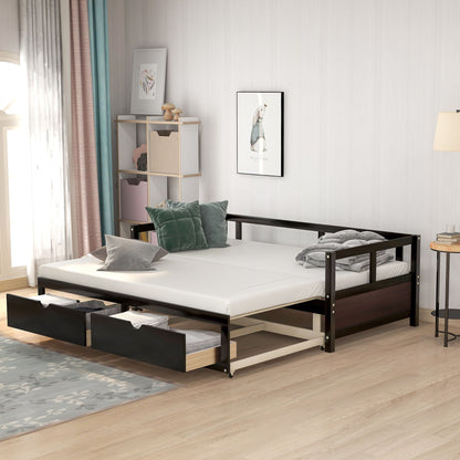 Wooden Daybed With Trundle Bed And Two Storage Drawers, Extendable Bed Daybed, Sofa Bed For Bedroom Living Room