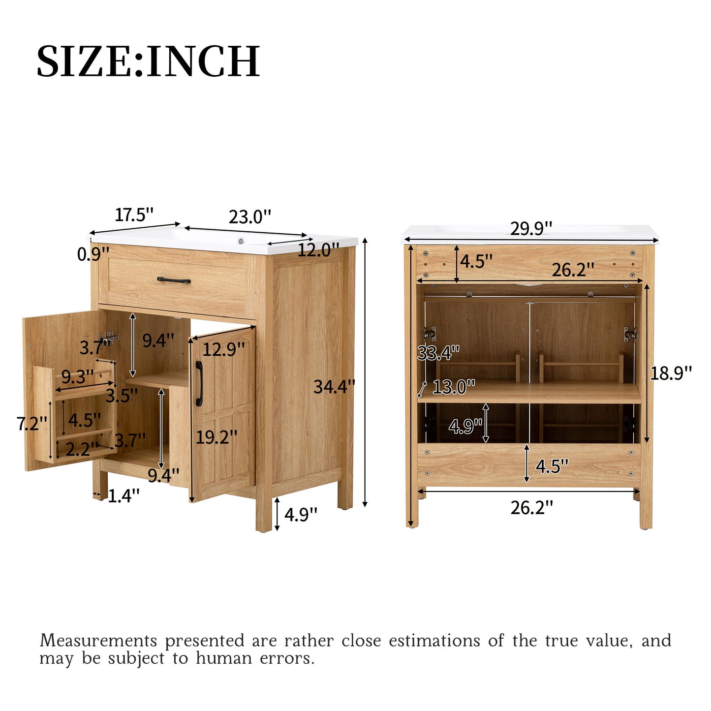 Bathroom Vanity With Sink, Adjustable Shelf & Door Organizers - Walnut