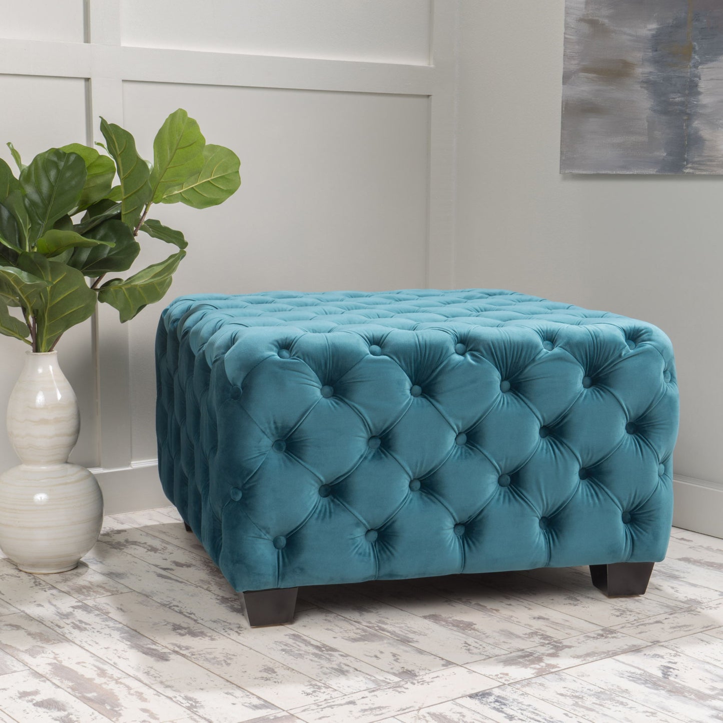 Unwind Upholstered Square Ottoman With Button Tufted Diamond Stitch - Teal