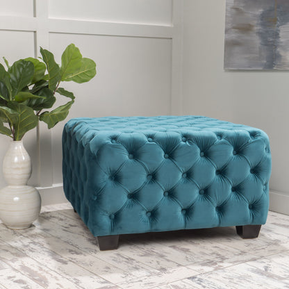 Unwind Upholstered Square Ottoman With Button Tufted Diamond Stitch - Teal
