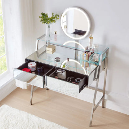 33.9" Mirrored Makeup Vanity Desk With Mirror And Lights, Mirrored Console Vanity Table With 2 Big Drawers & Open Shelf, Dressing Table With Charging Station For Bedroom - Silver