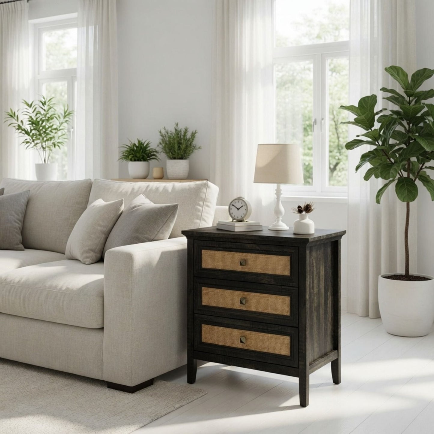 Nightstand With 3 Drawers, Tall End Table - Brown
