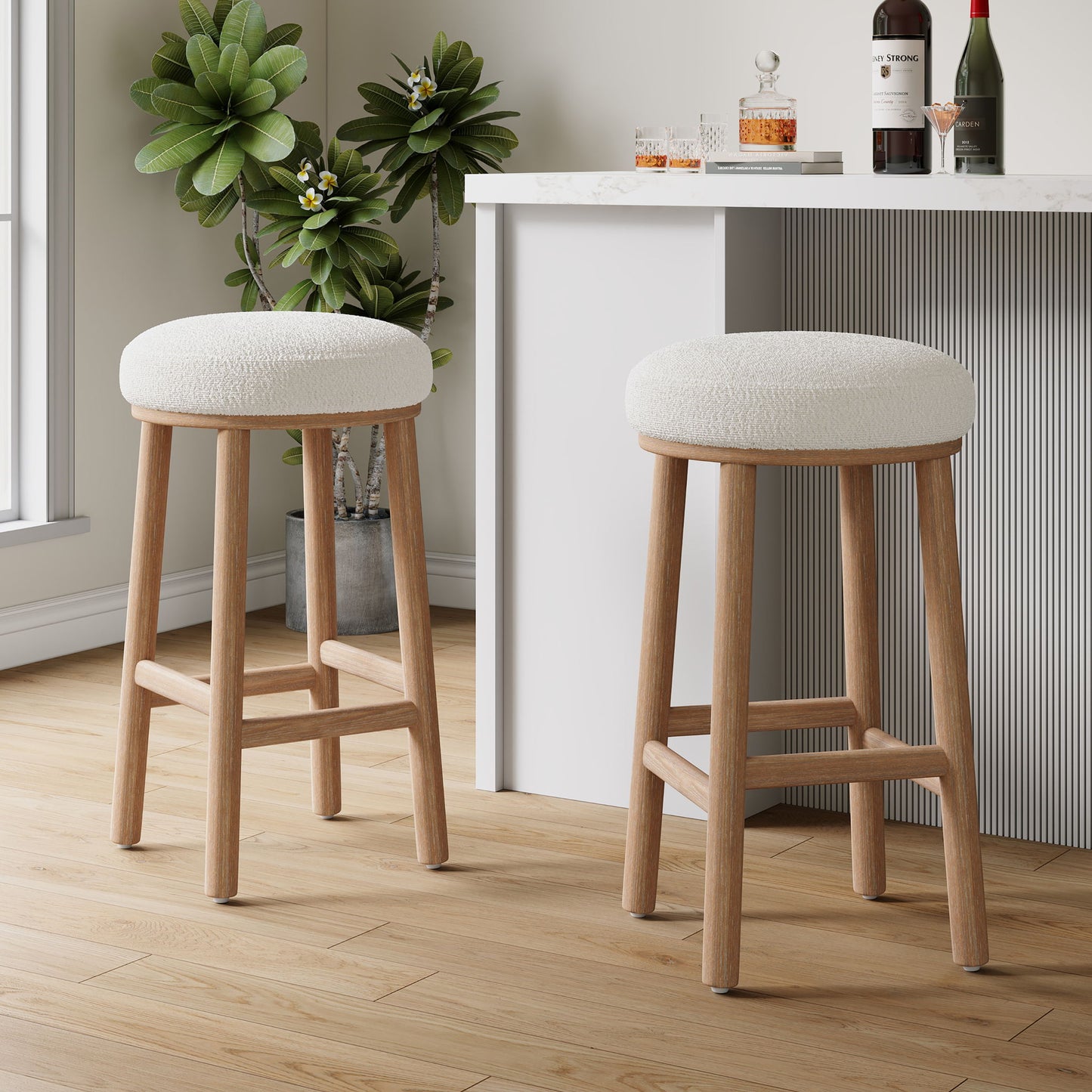 Rubber Wood & Fabric Counter Stool 300Lb Capacity, Easy Assembly For Home & Commercial Use (Set of 2) - Natural / Beige