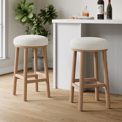 Rubber Wood & Fabric Counter Stool 300Lb Capacity, Easy Assembly For Home & Commercial Use (Set of 2) - Natural / Beige