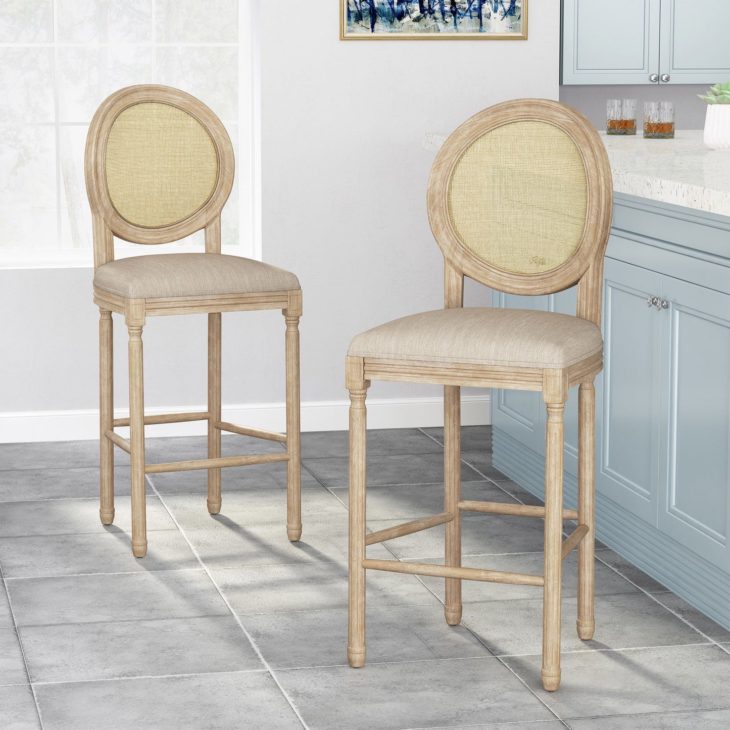 Country Chic Bar Stools (Set of 2) With Rattan Backrest And Upholstered Seat - Beige / Natural