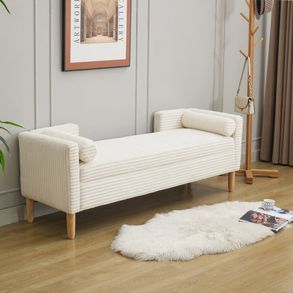 Wide Corduroy Storage Soft Bench With Armrests, Backrest And Two Bolster Pillows