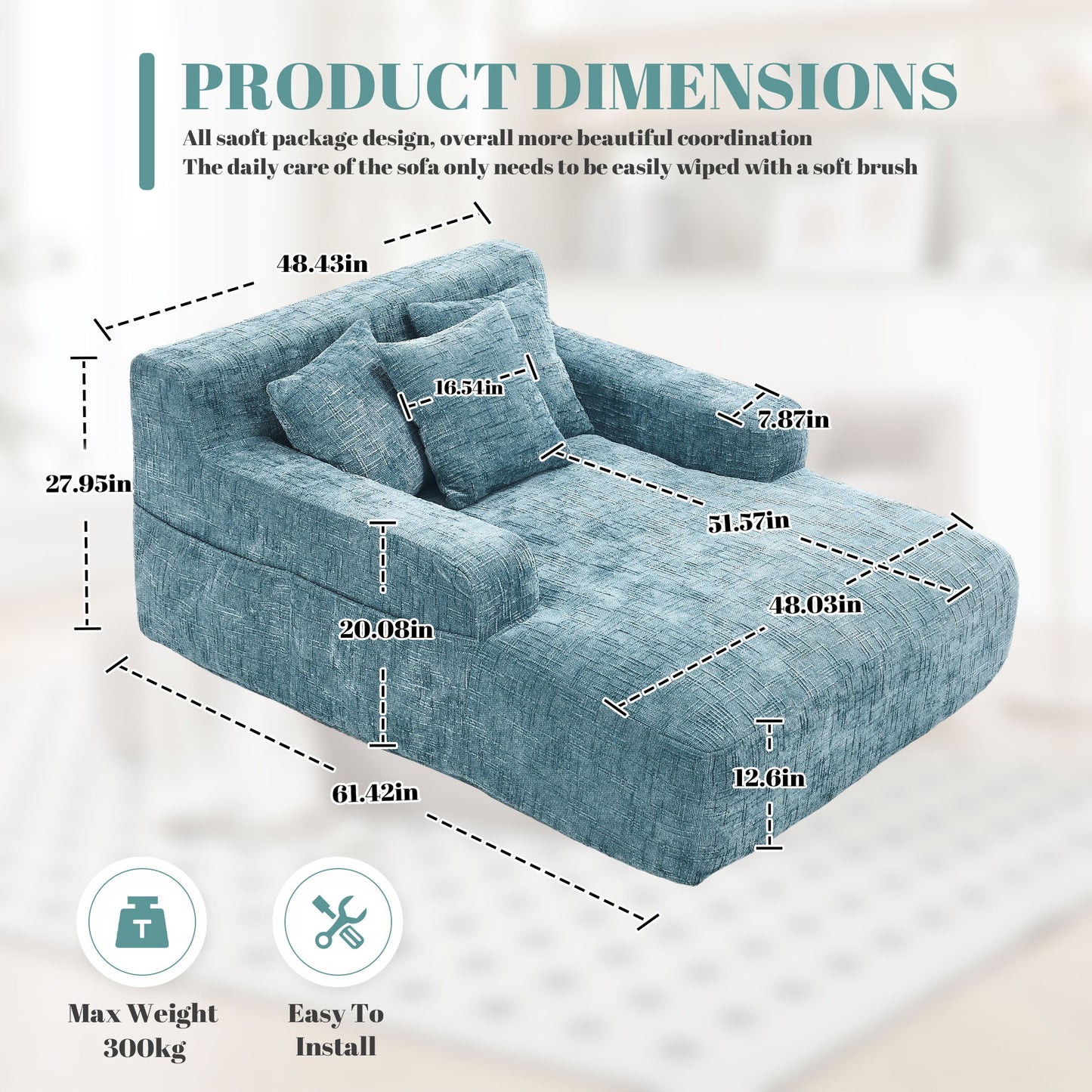 Chenille Interior Lazy Sofa Chaise Longue Armchair With 3 Pillows And Armrests