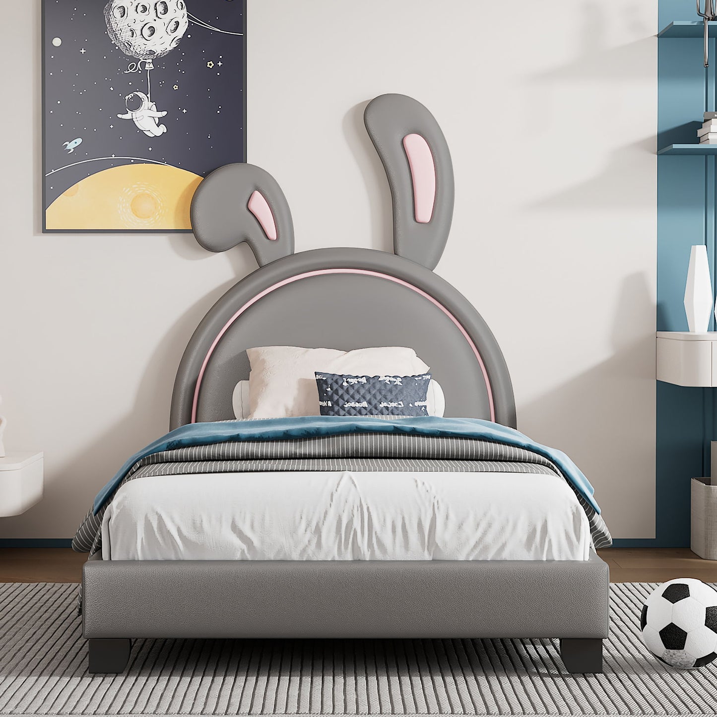 Upholstered Leather Platform Bed With Rabbit Ornament