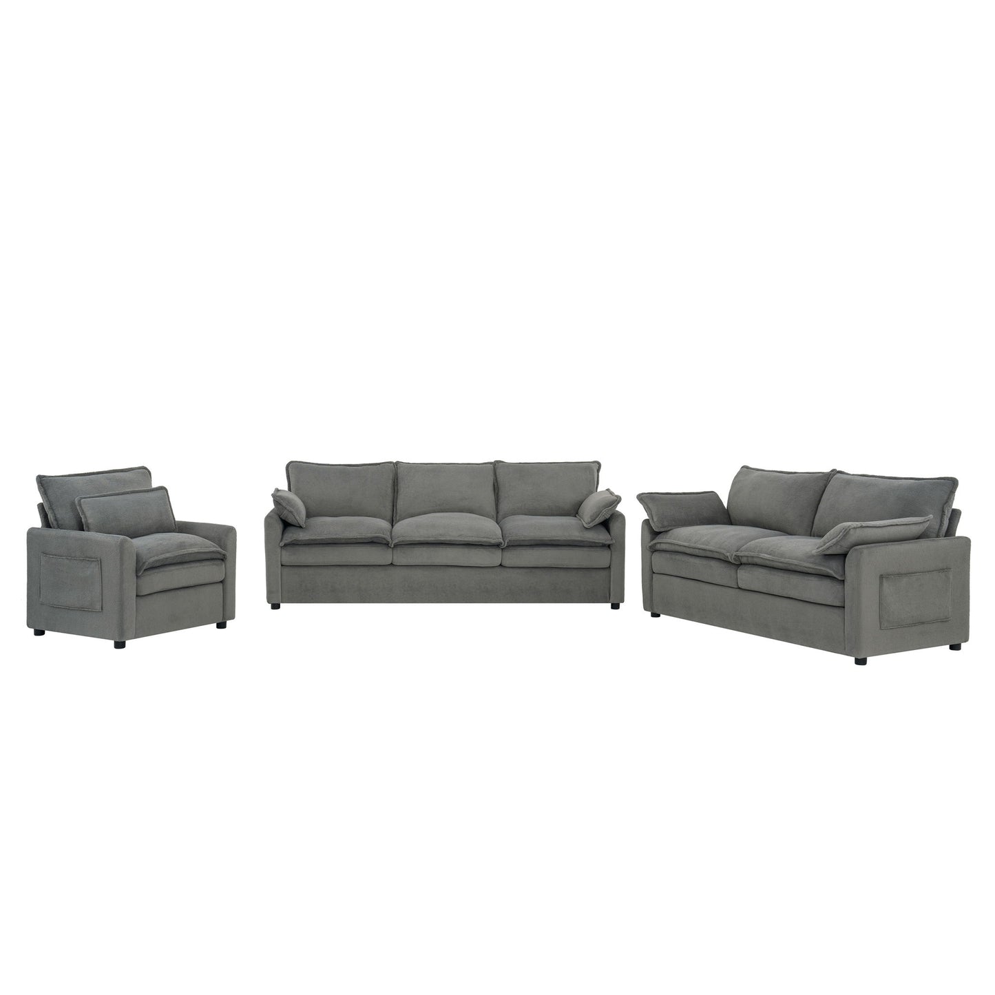 Modern Sofa Set With Double Layer Cushion And Side Storage Pockets