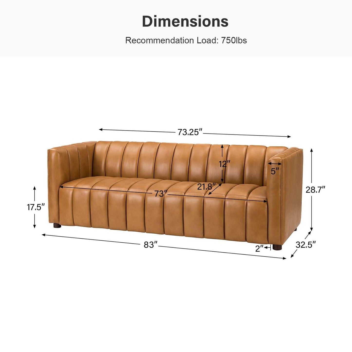 HULALA HOME 83" Genuine Leather Sofa, Sofa Leather for Living Room, 3 Seater Sofa Couch Top Layer Leather Large Sofa Furniture with Channel Tufted Seat Back & Square Arms (Camel)