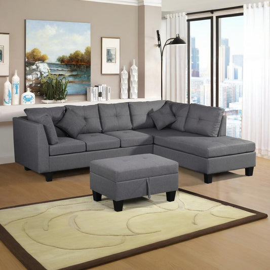 Sectional Sofa Set For Living Room With Right Hand Chaise Lounge And Storage Ottoman - Gray