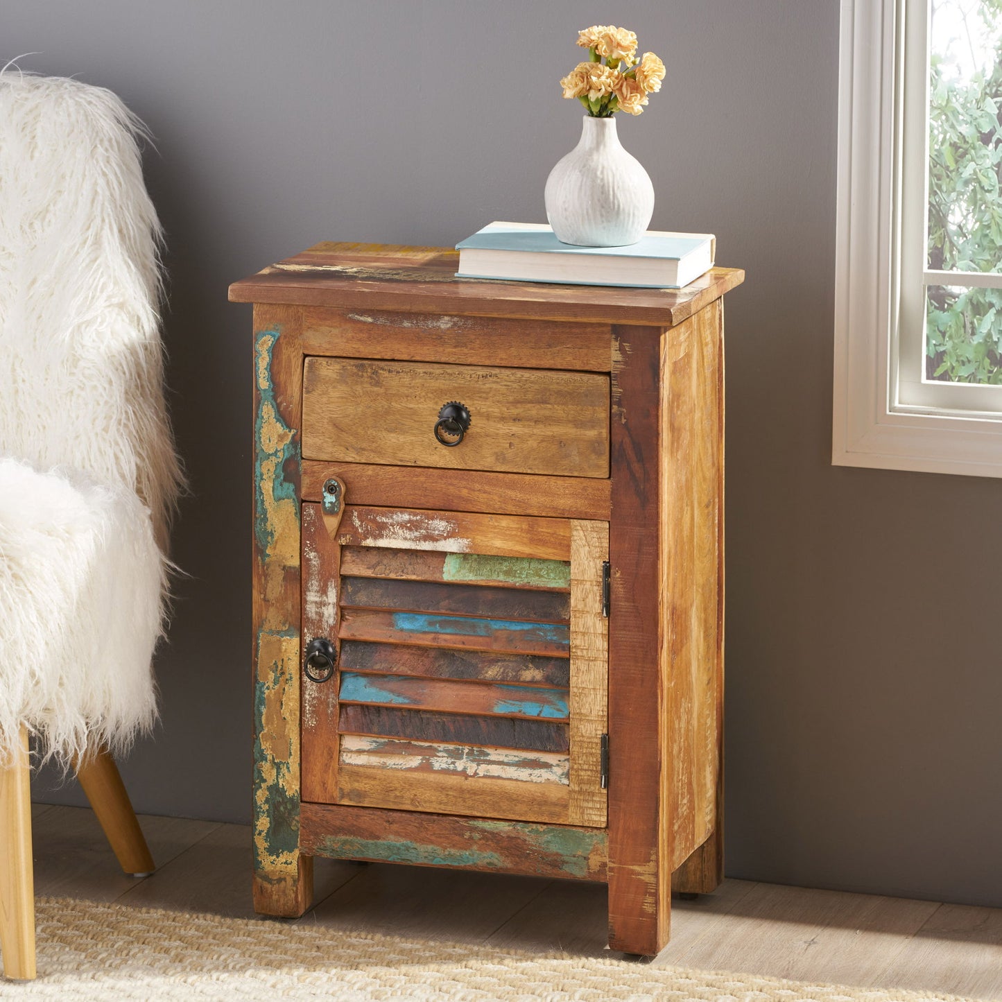 Recycled Wood Side Table With Drawer And Door - Natural
