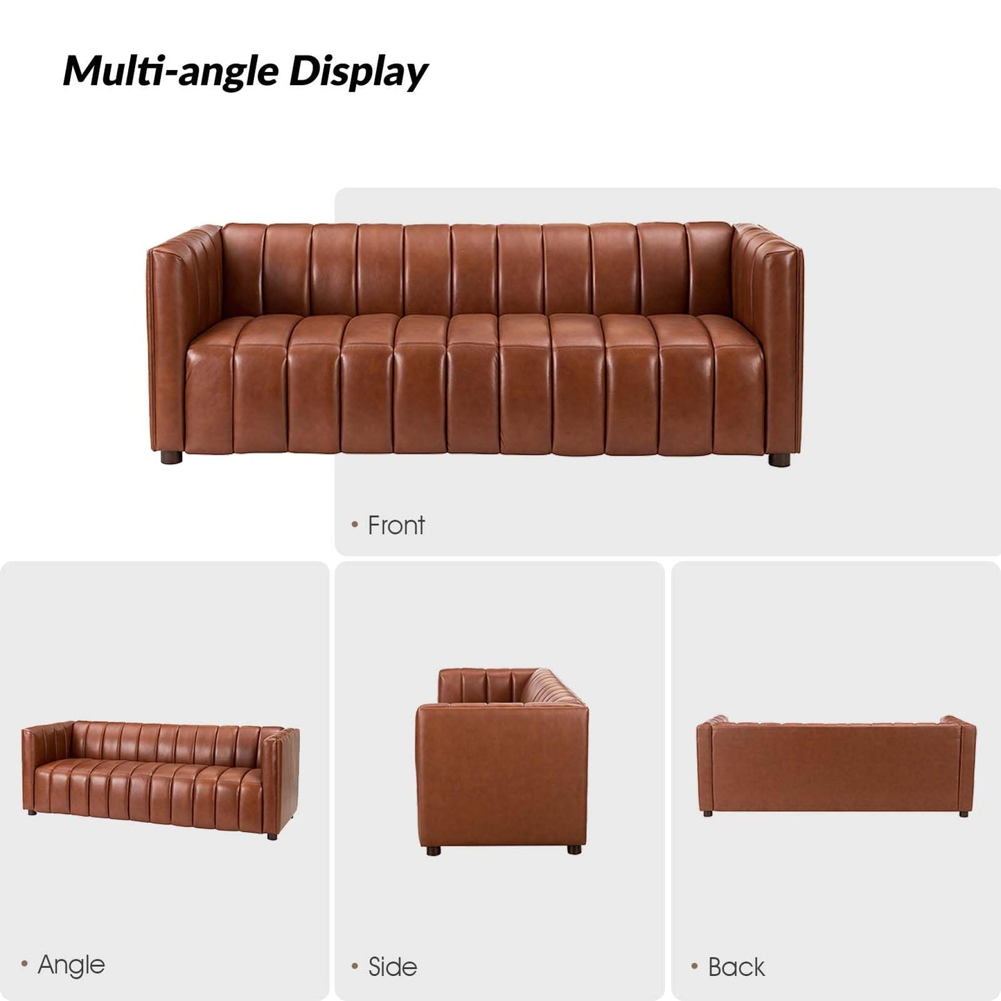 HULALA HOME 83" Genuine Leather Sofa, Sofa Leather for Living Room, 3 Seater Sofa Couch Top Layer Leather Large Sofa Furniture with Channel Tufted Seat Back & Square Arms (Camel)