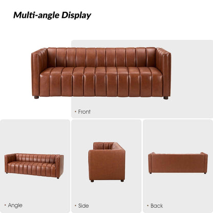 HULALA HOME 83" Genuine Leather Sofa, Sofa Leather for Living Room, 3 Seater Sofa Couch Top Layer Leather Large Sofa Furniture with Channel Tufted Seat Back & Square Arms (Camel)