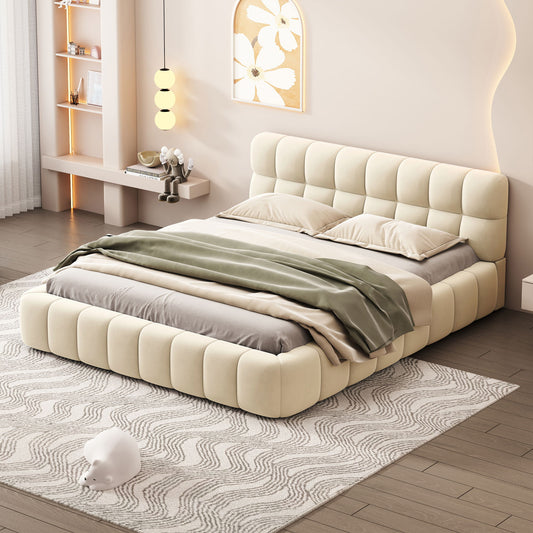 Upholstered Platform Bed With Thick, Grounded Bed With Solid Frame
