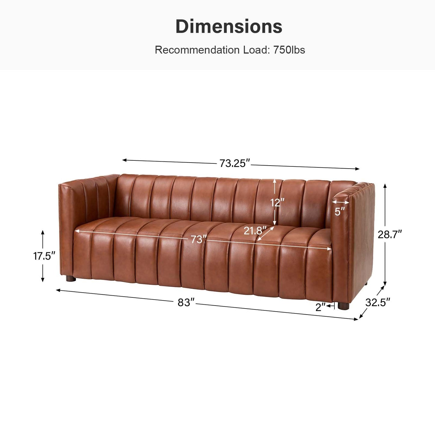 HULALA HOME 83" Genuine Leather Sofa, Sofa Leather for Living Room, 3 Seater Sofa Couch Top Layer Leather Large Sofa Furniture with Channel Tufted Seat Back & Square Arms (Camel)