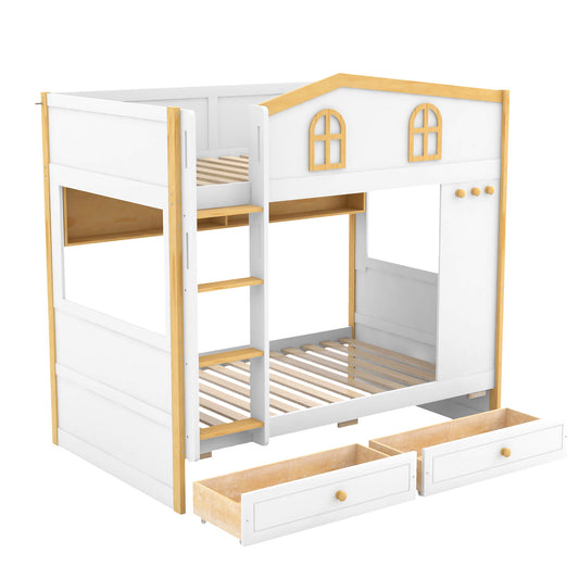 Twin Over Twin Bunk Bed With House Shaped Guardrails, Storage Shelves & Drawers - White / Natural
