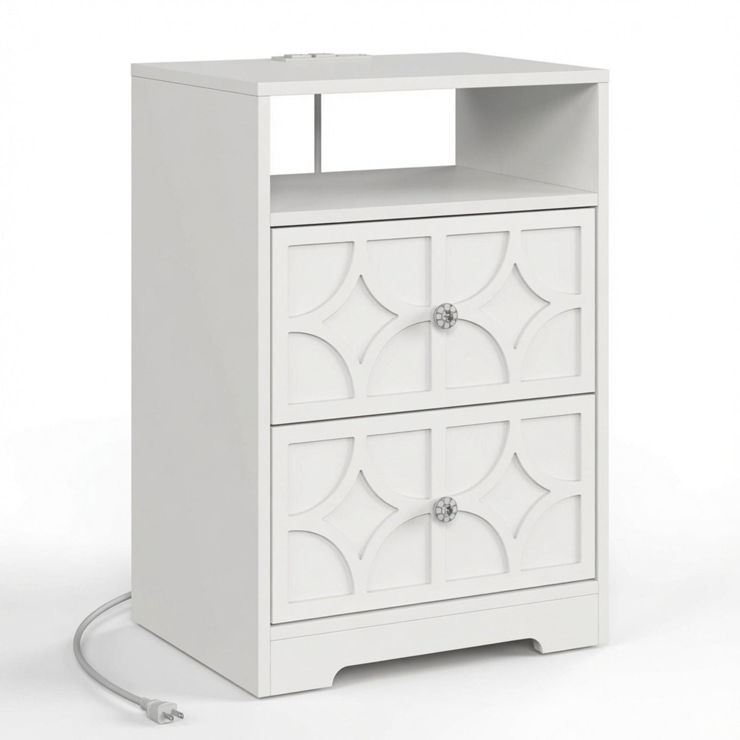 Nightstand With Diamond Carvings Handles, 2 Drawers & Charging Station