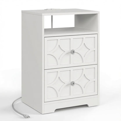 Nightstand With Diamond Carvings Handles, 2 Drawers & Charging Station