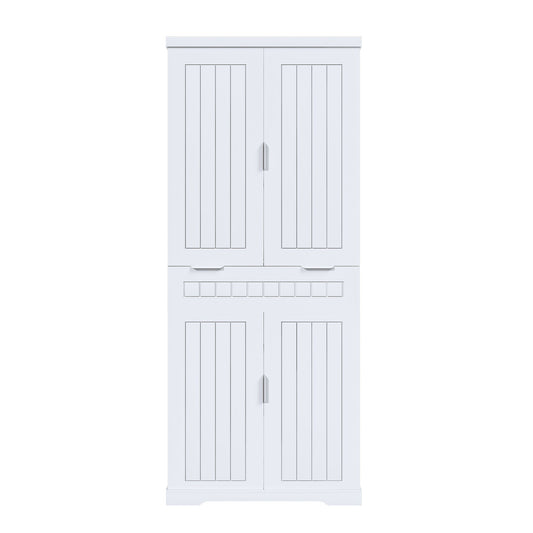 Farmhouse Style Pantry Cabinet With Drawer 2 Cabinets & 6 Door Shelves Adjustable Shelves Freestanding Cupboard - White