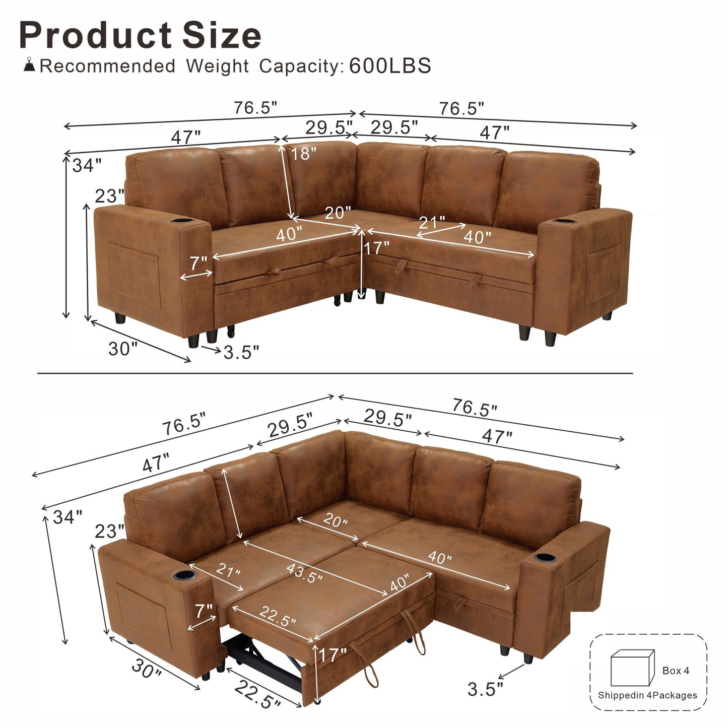 Upholstered L - Shape Sectional Sofa Bed With Pull Out Sleeper And Storage