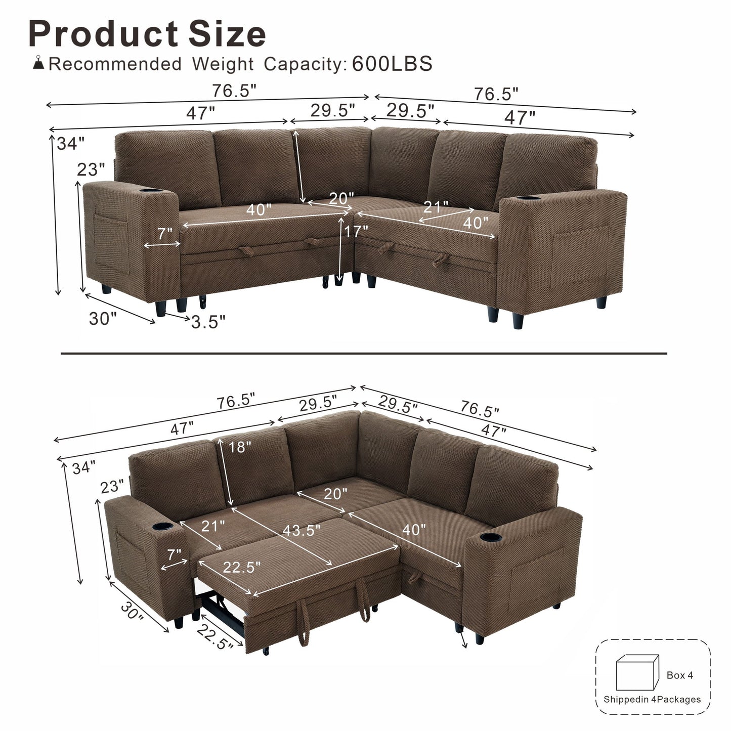 Upholstered L - Shape Sectional Sofa Bed With Pull Out Sleeper And Storage