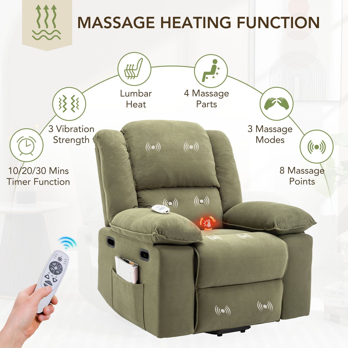 Massage Recliner, Power Lift Chair For Elderly With Adjustable Massage And Heating Function, Recliner Chair With Infinite Position And Side Pocket For Living Room