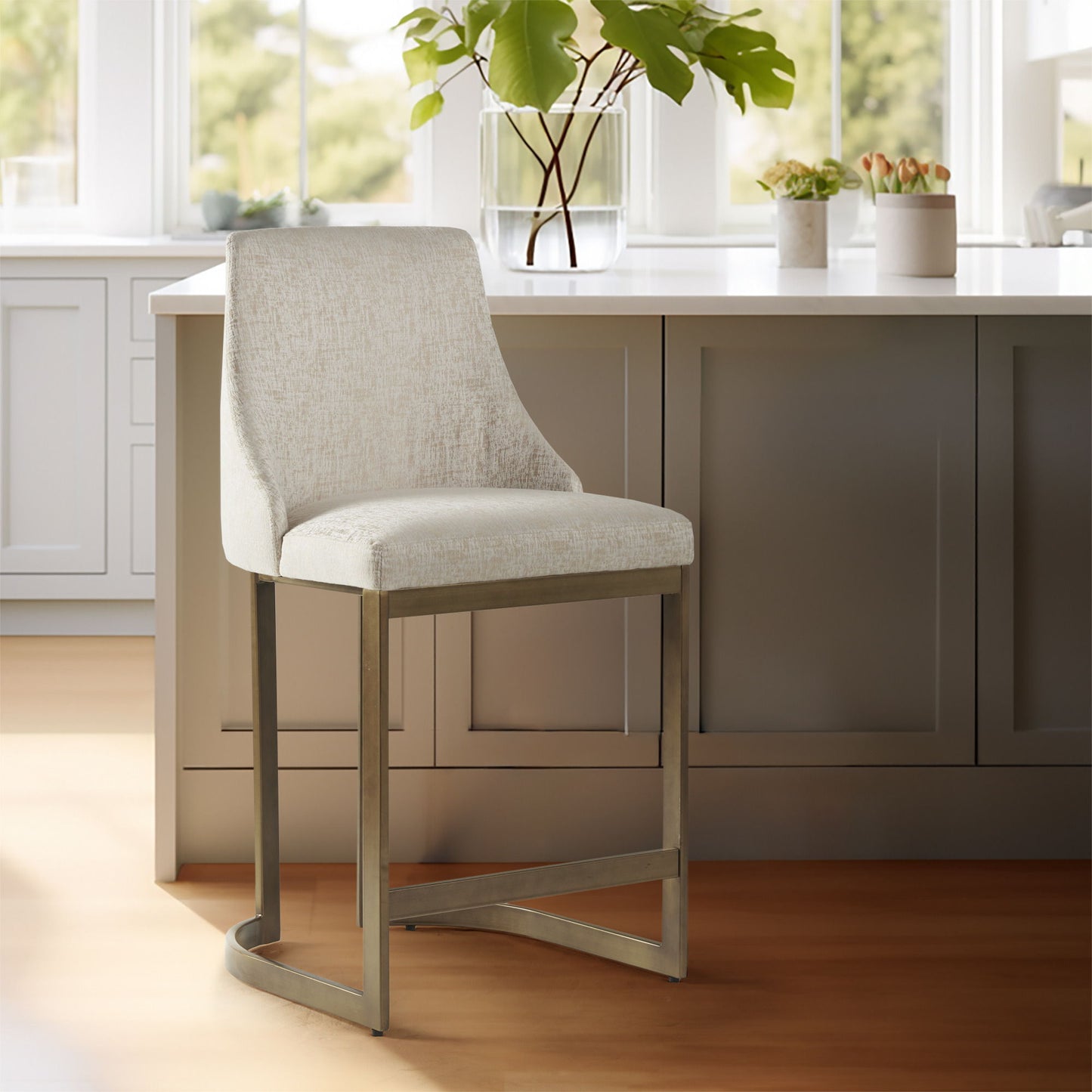 Modern Upholstered Counter Stool With Metal Base - Cream