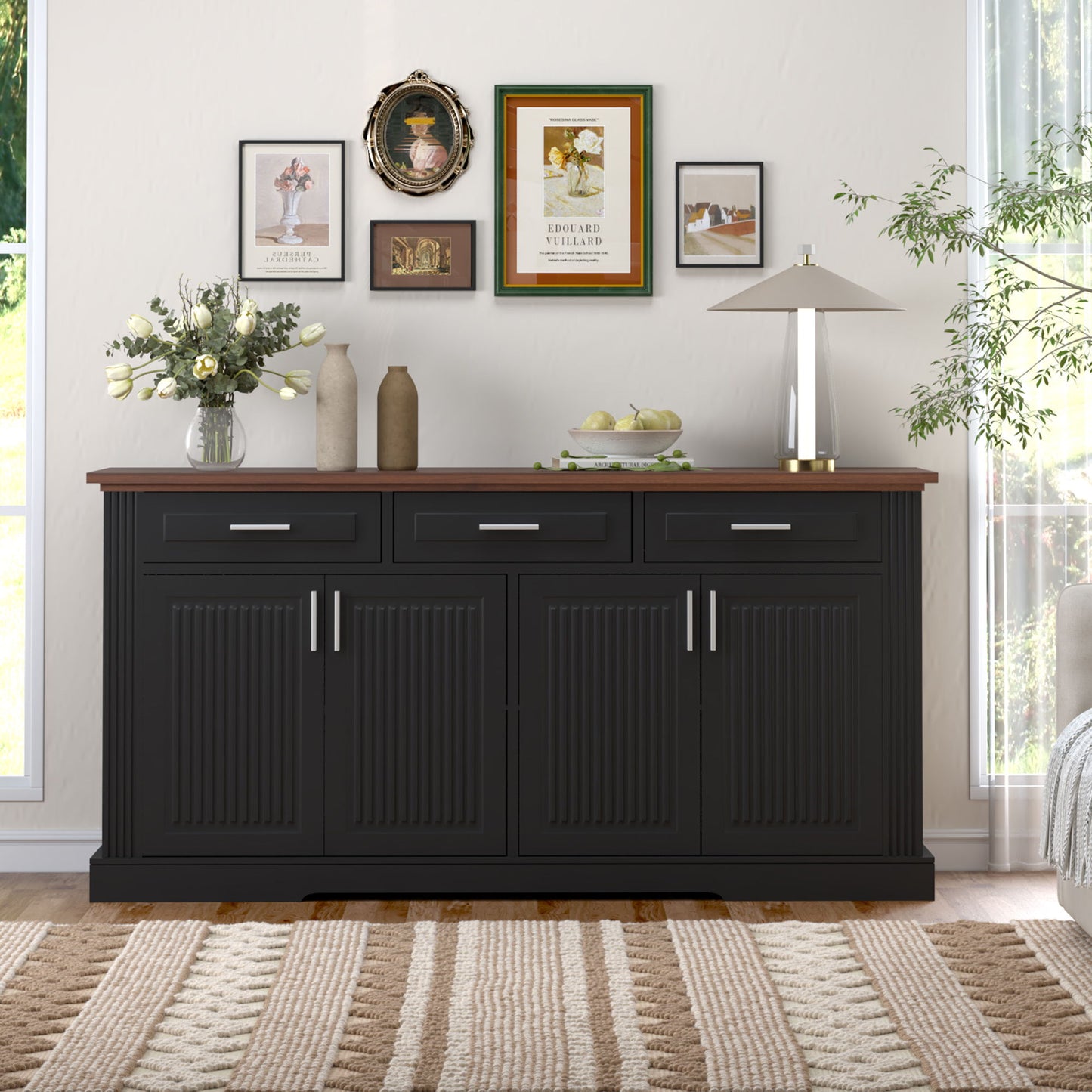 Fluted Sideboard Buffet Cabinet With 4 Doors And 3 Drawers