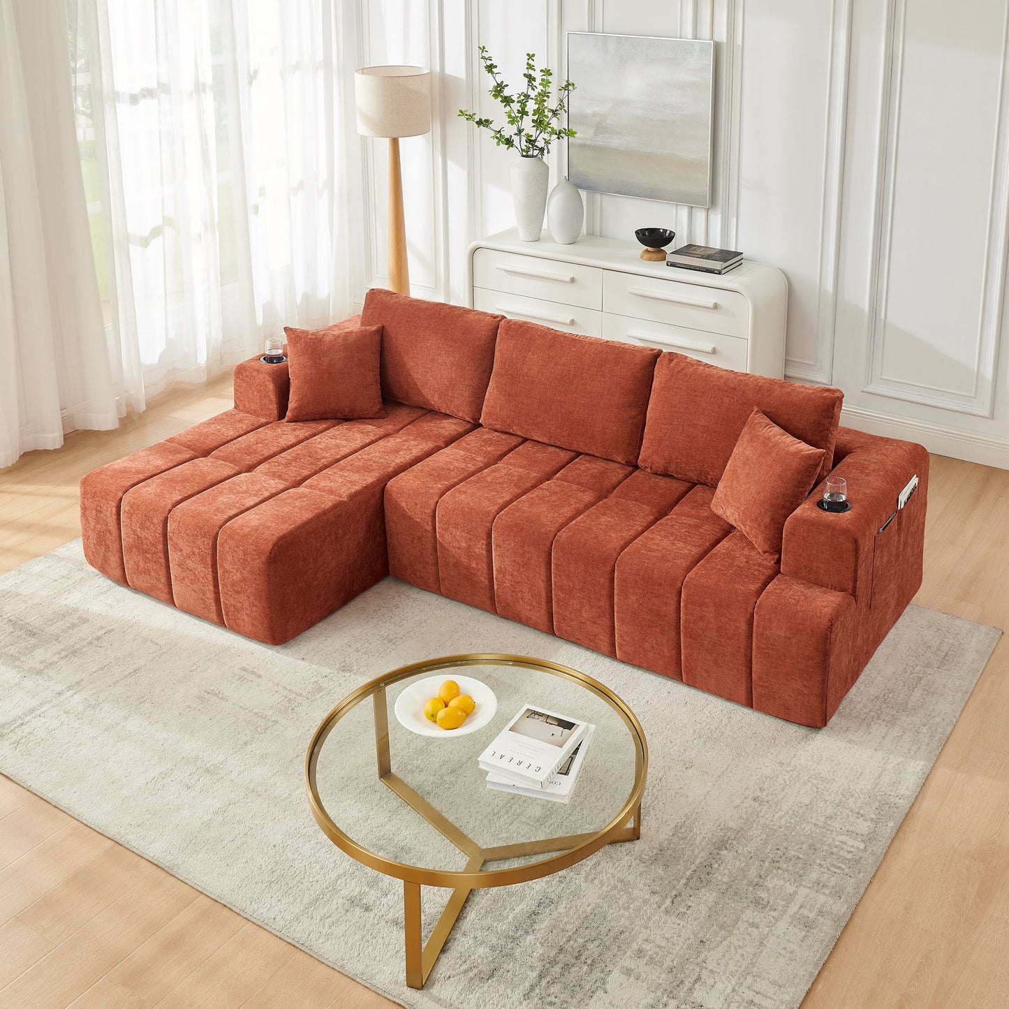 L - Shaped Sectional Sofa With Cup Holders & Side Pockets