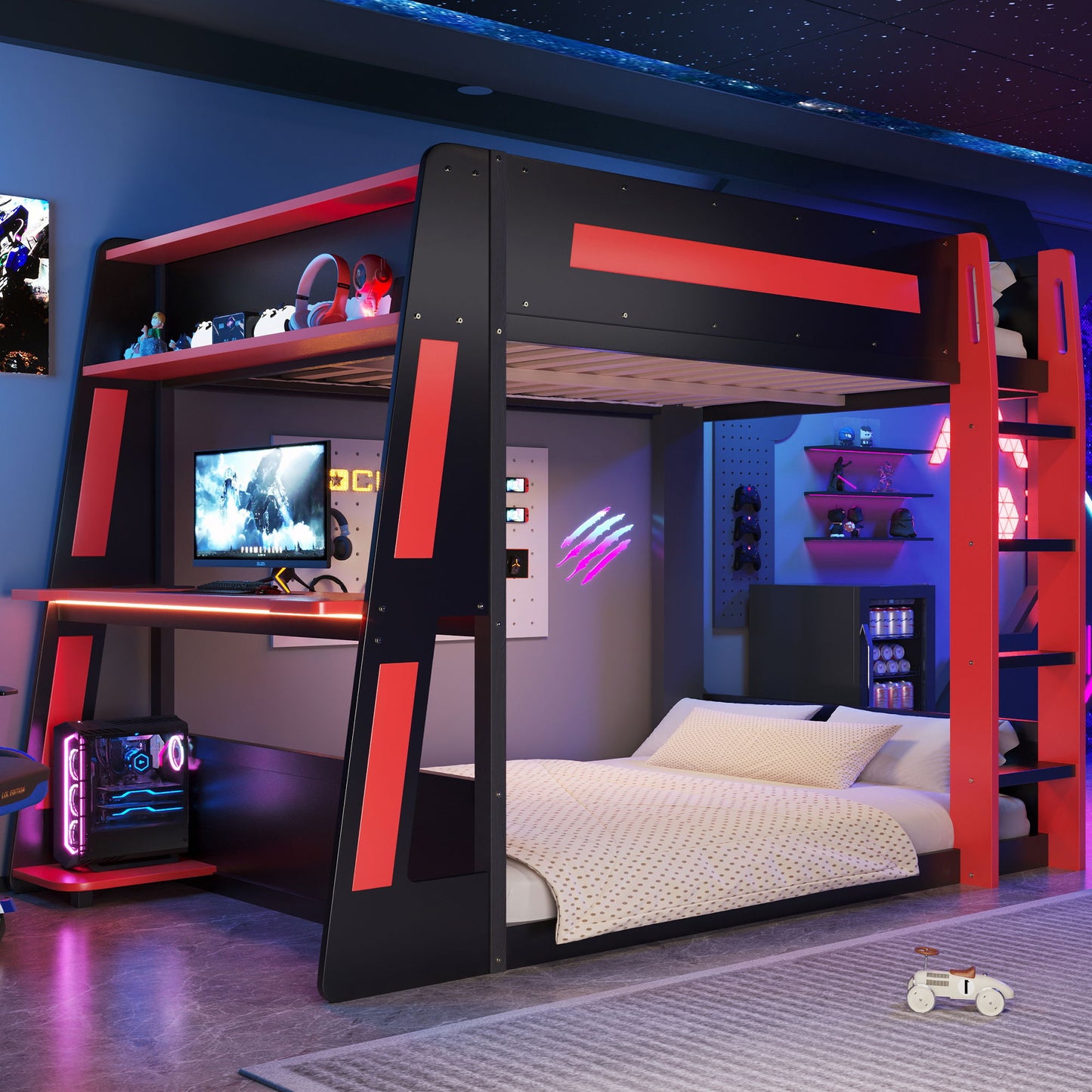 Gaming Bunk Bed With Desk, 2 Storage Shelves, USB And LED Light