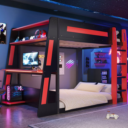 Gaming Bunk Bed With Desk, 2 Storage Shelves, USB And LED Light
